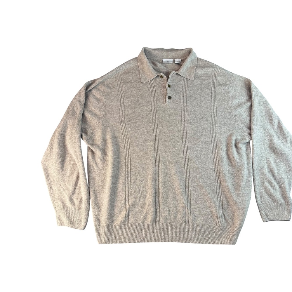 Munsingwear Men 3XL Tan Marl Knit Long Sleeve Polo Sweater Textured Front Button